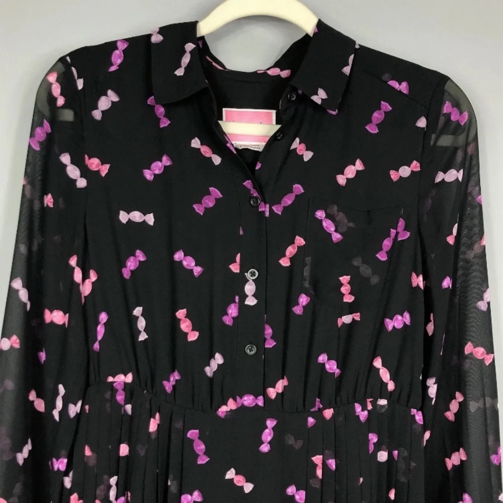 Kate Spade Sweets Candy Print Chiffon Shirt Dress SZ 6 Black Pink Purple Formal